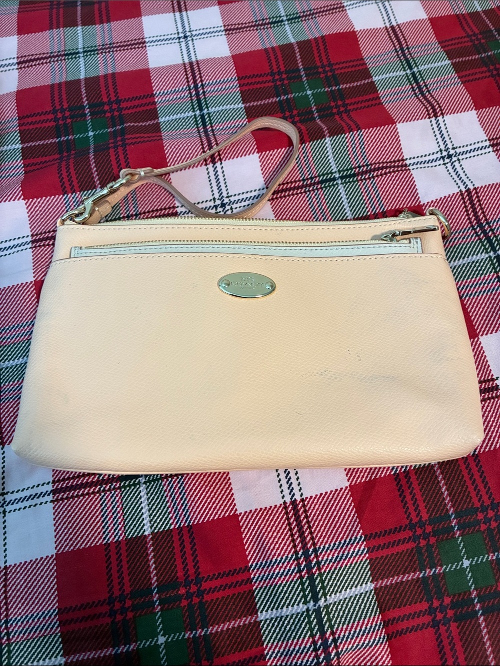 Coach Cream Leather Wristlet Clutch with Gold Plaque